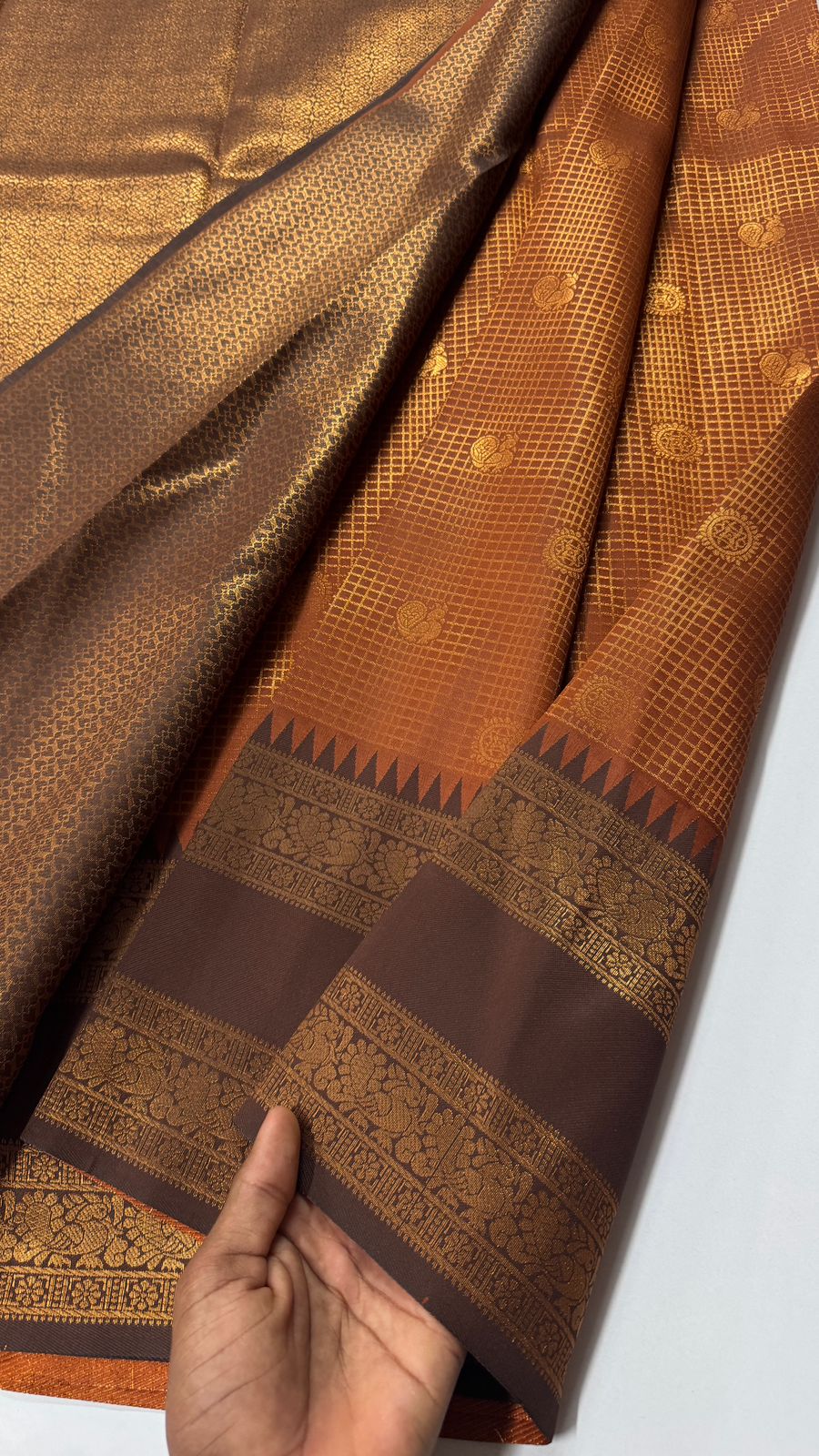Semi Kanchi Saree- Rust Orange with Snuff Brown- VARAHI052