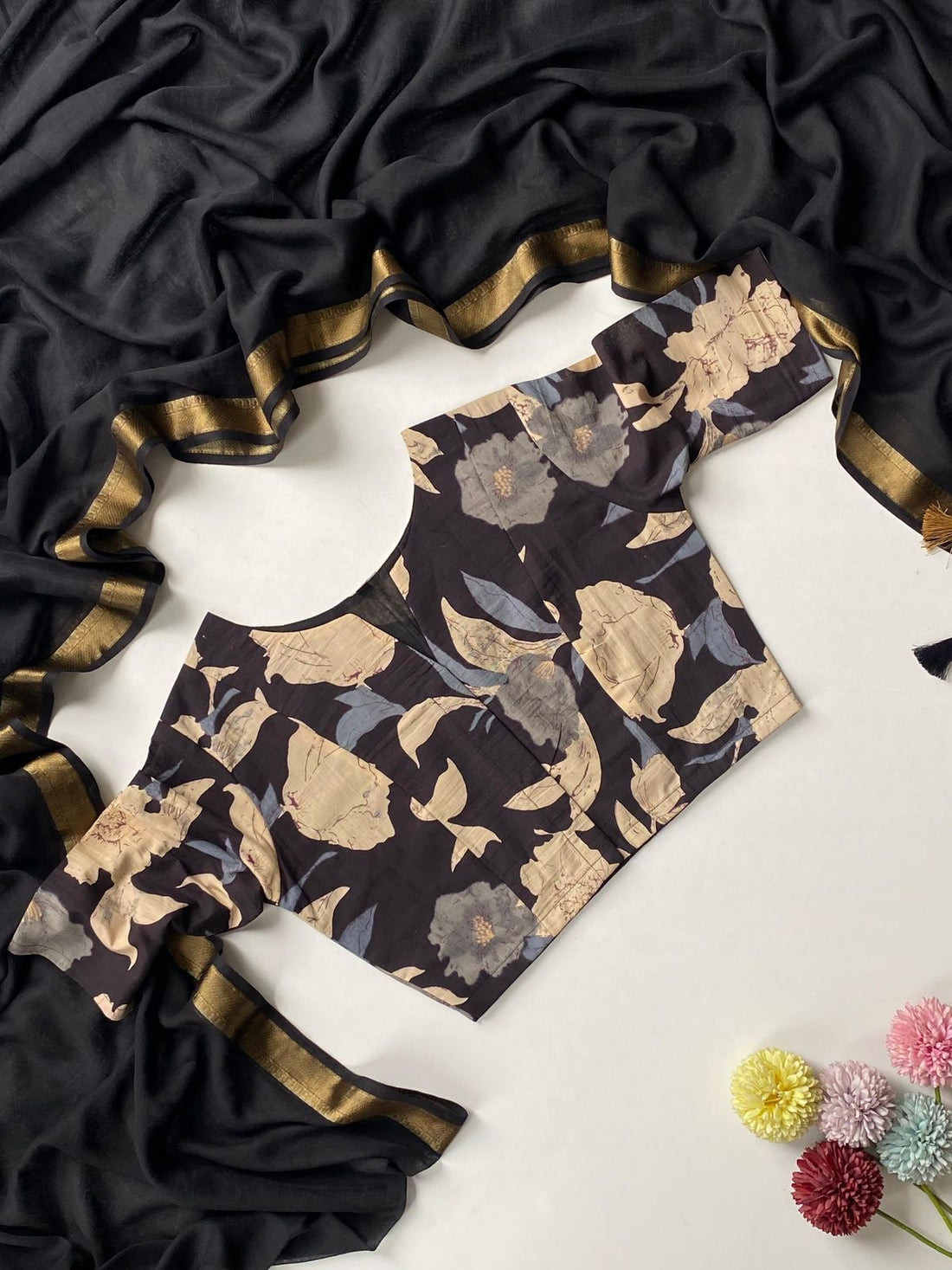 Soft Mul Cotton Saree paired with an exquisite Ajrak printed blouse