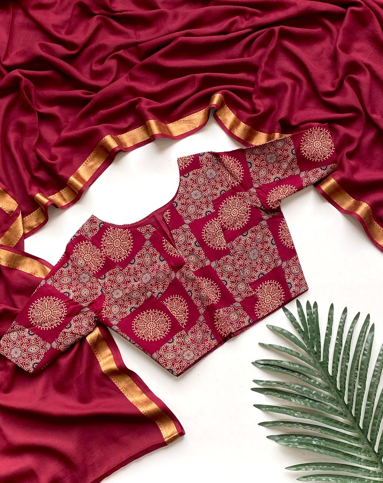 Soft Mul Cotton Saree paired with an exquisite Ajrak printed blouse