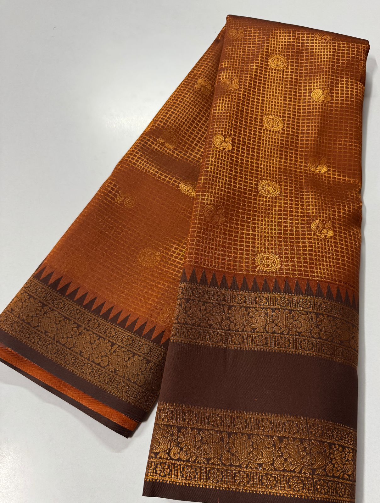 Semi Kanchi Saree- Rust Orange with Snuff Brown- VARAHI052
