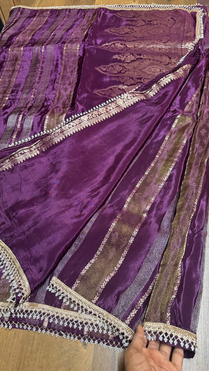 Pure viscose saree with vertical gold zari stripes