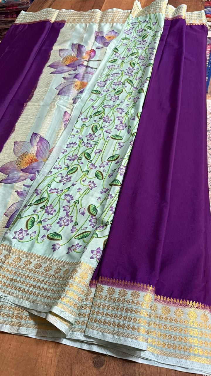 Semi Mysore crepe silk in printed pallu & blouse- VARAHI017