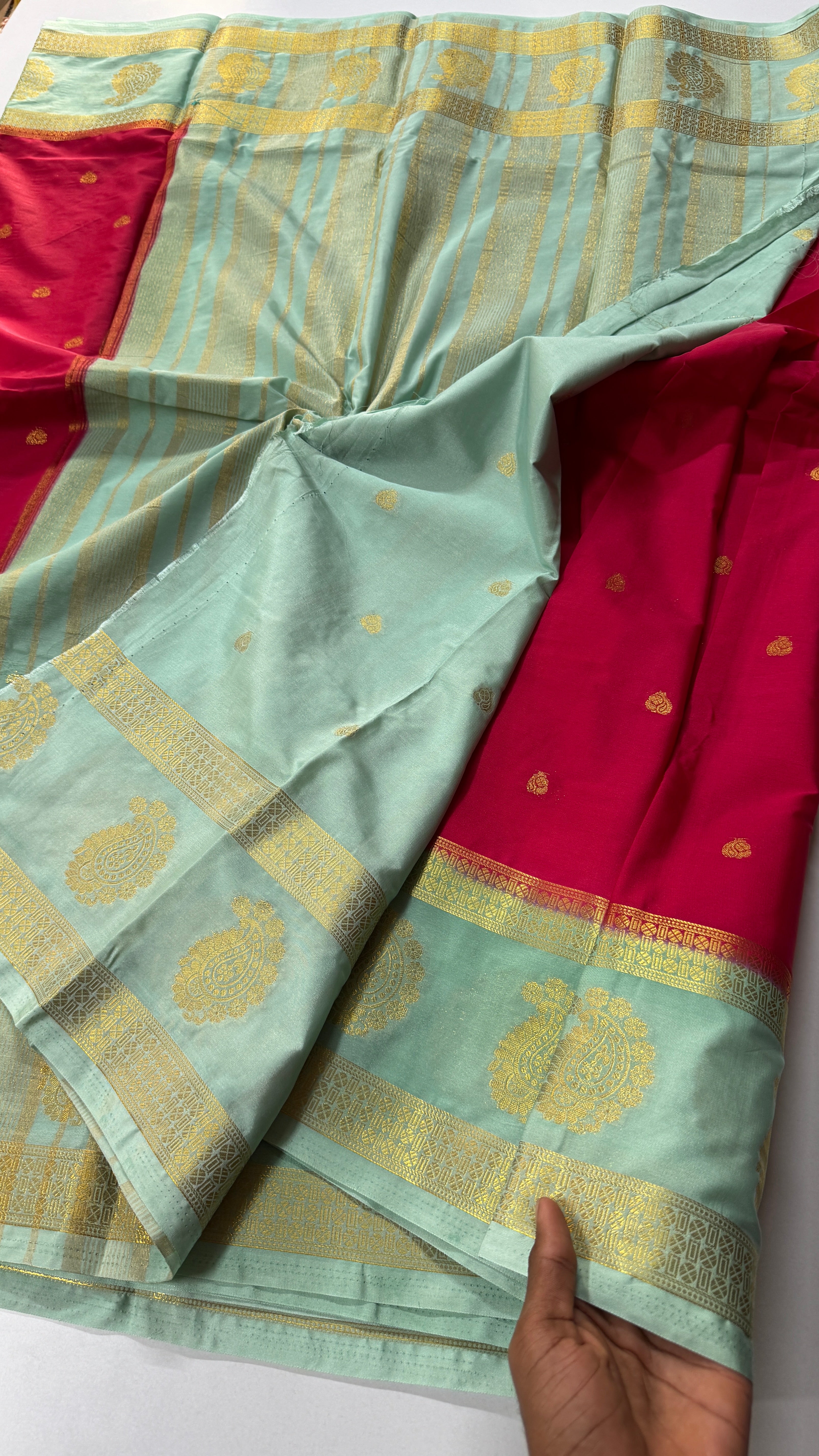 Semi Mysore Crepe Silk Saree Mango Border-VARAHI065