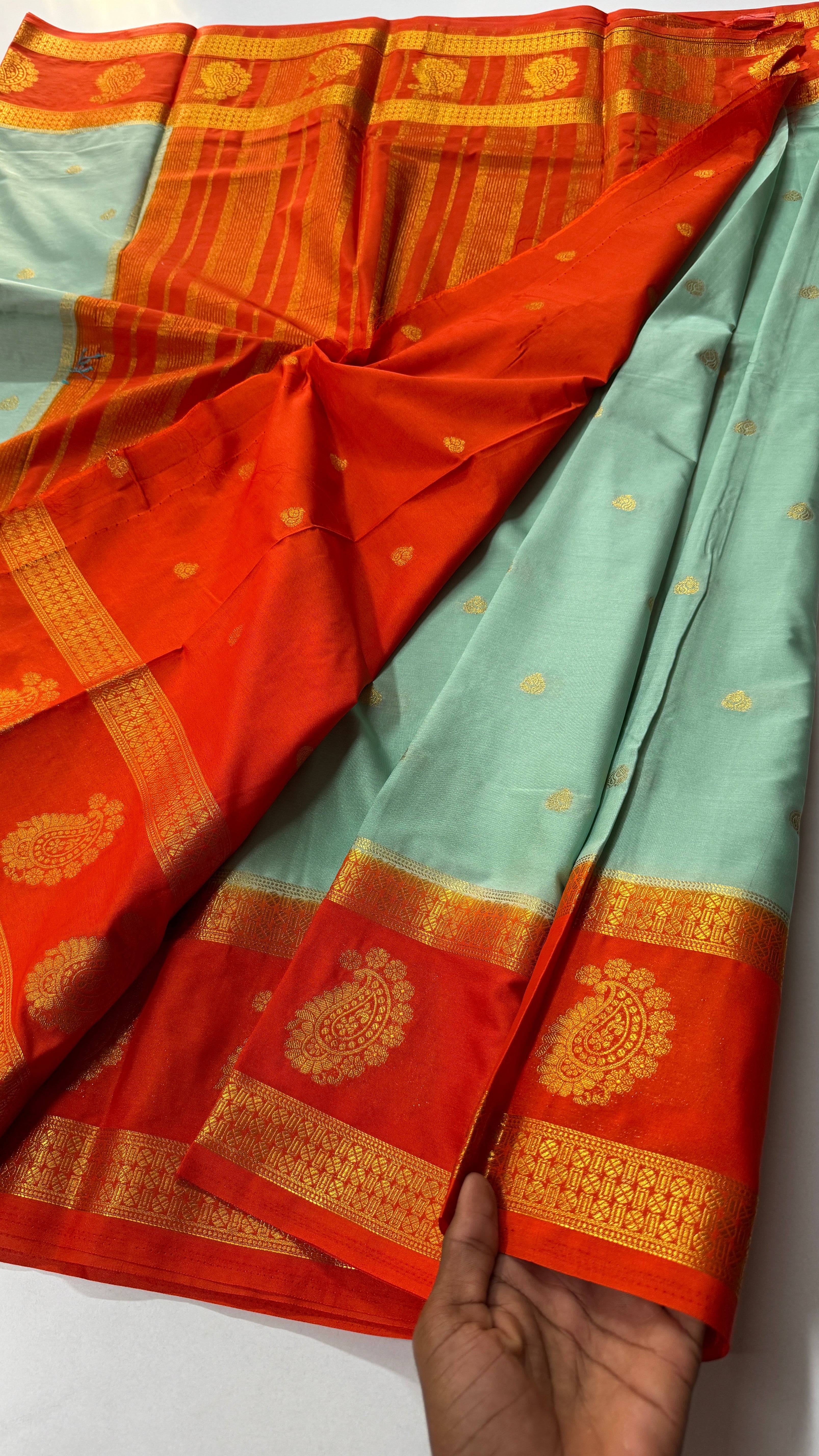 Semi Mysore Crepe Silk Saree Mango Border-VARAHI065
