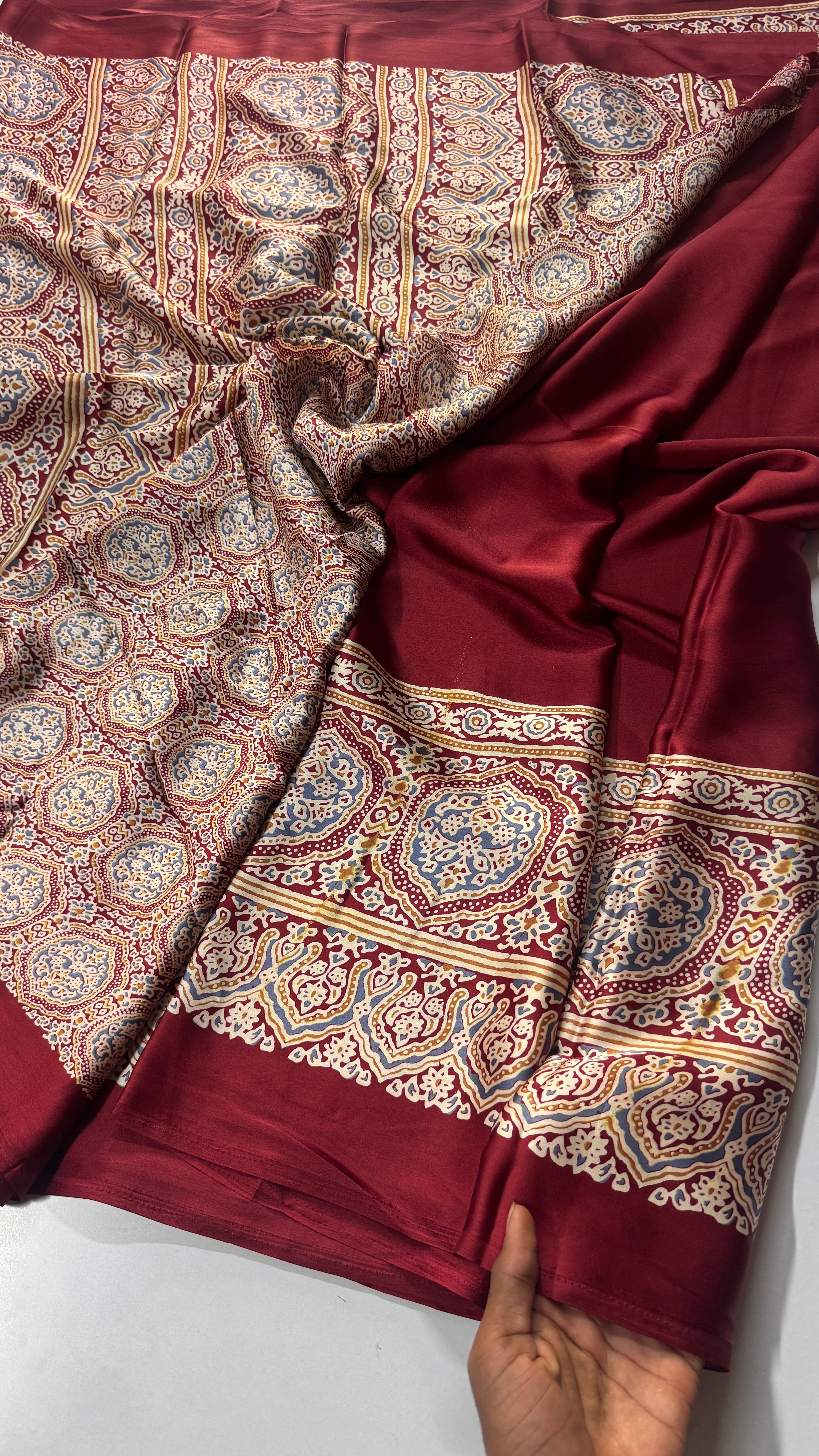 Satin Georgette saree features a beautiful Ajrak design-VARAHI081
