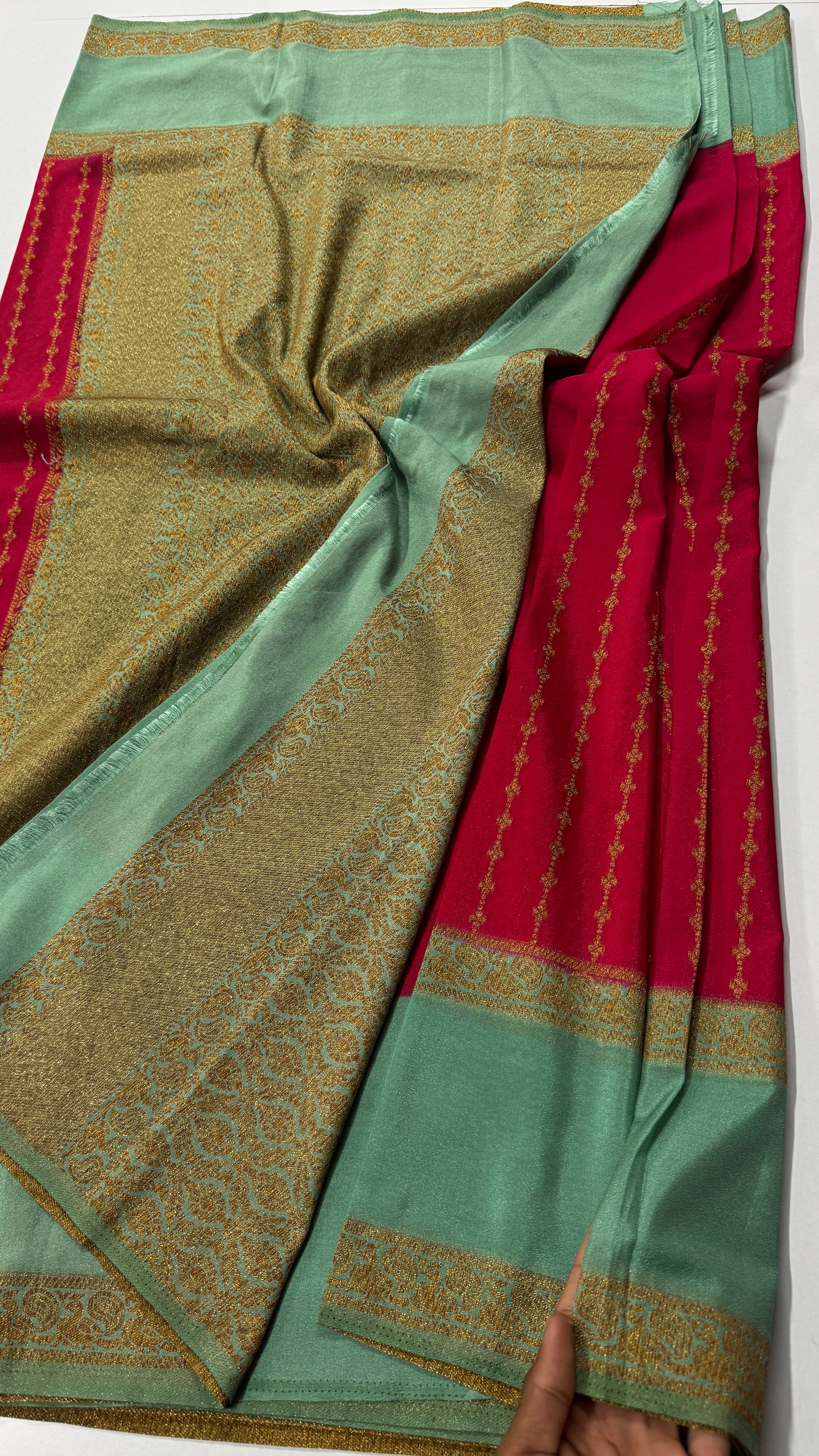 Khadi Georgette in antique zari with  peacock bentex border-VARAHI093