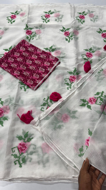 Kora cotton embroidered saree