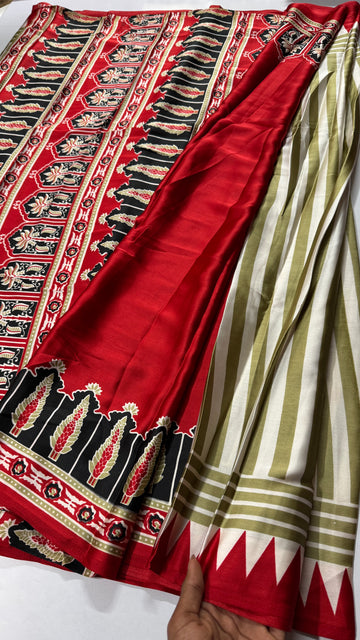 Ajrak satin saree- Vertical lines