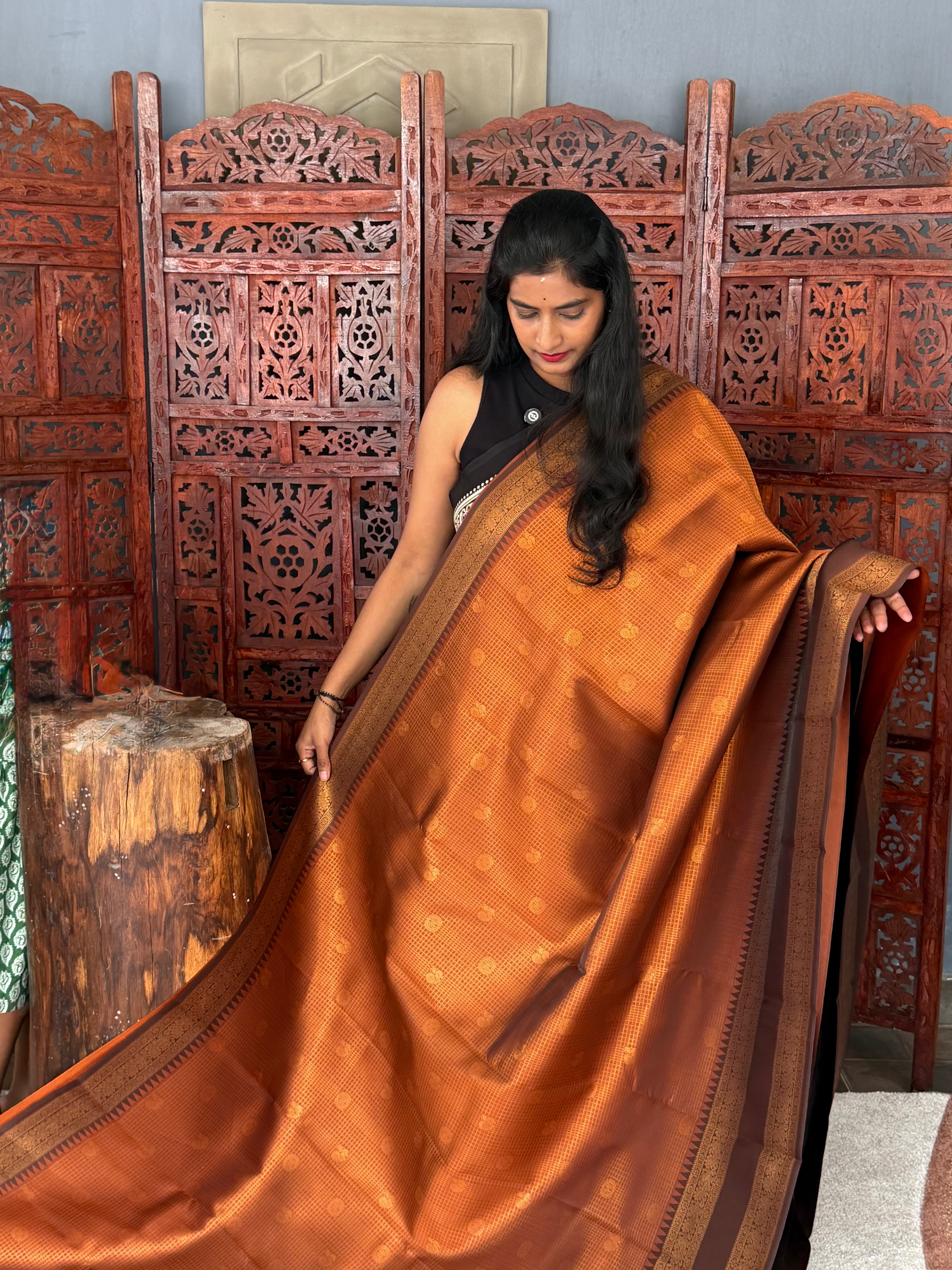 Semi Kanchi Saree- Rust Orange with Snuff Brown- VARAHI052
