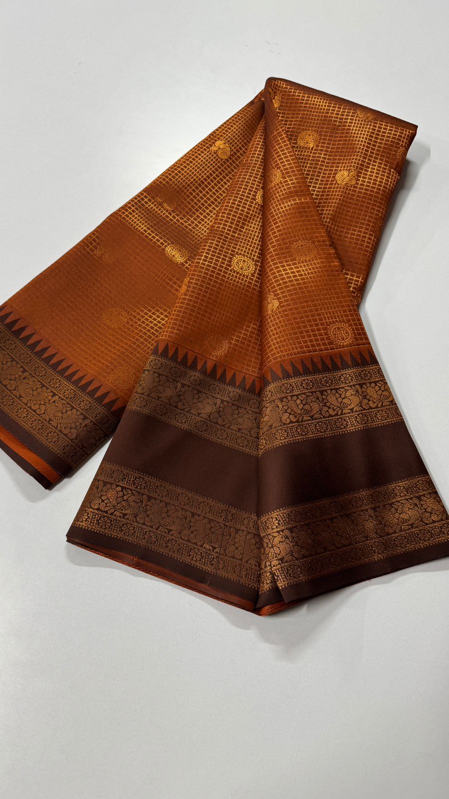 Semi Kanchi Saree- Rust Orange with Snuff Brown- VARAHI052