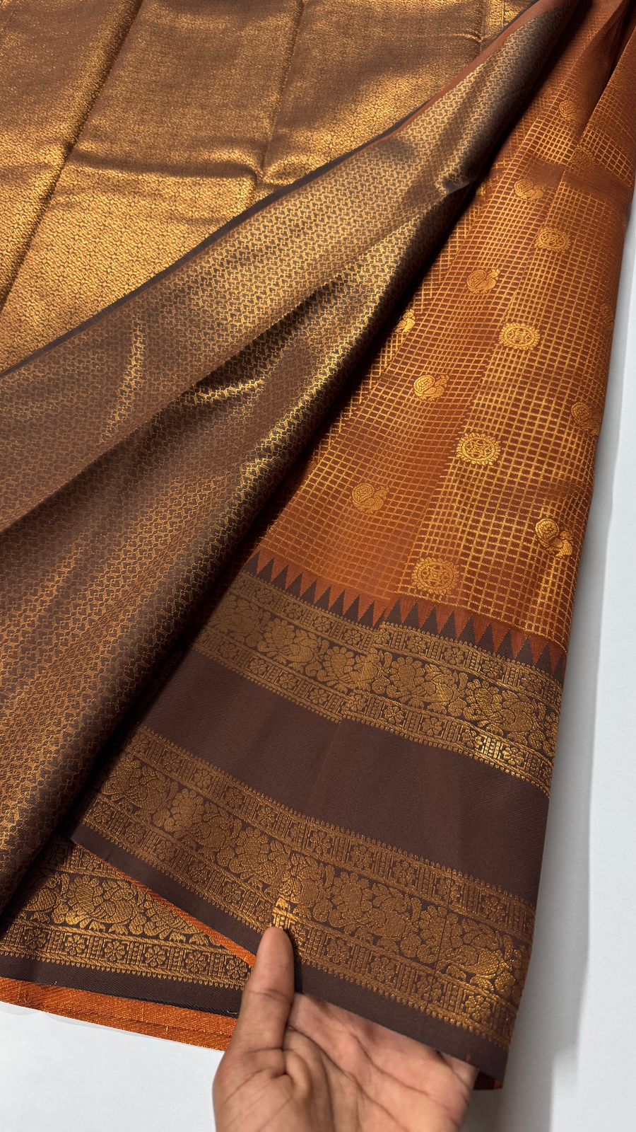 Semi Kanchi Saree- Rust Orange with Snuff Brown- VARAHI052