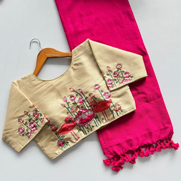 Cotton Saree with Ready Khadi Cotton Blouse