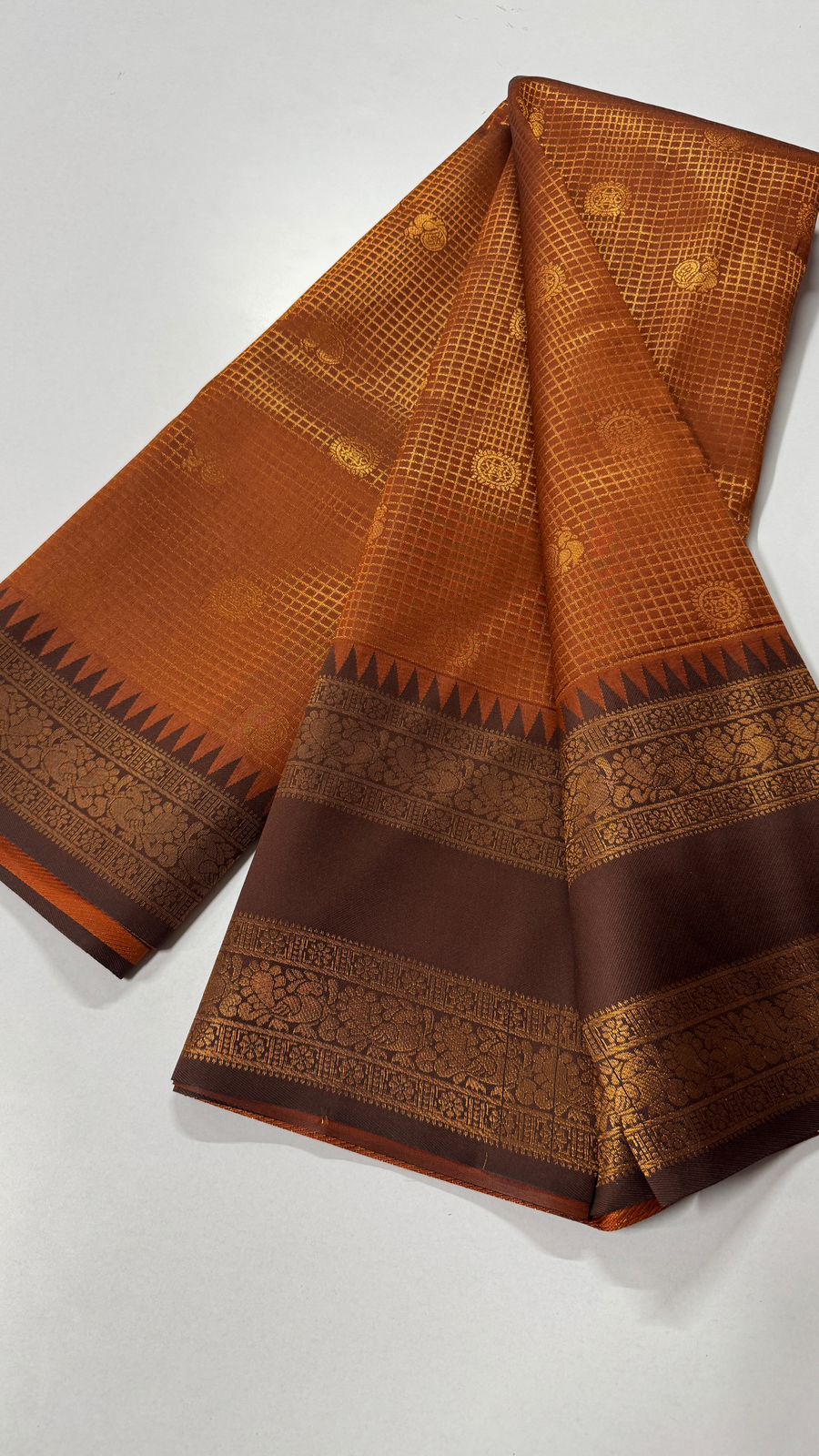 Semi Kanchi Saree- Rust Orange with Snuff Brown- VARAHI052