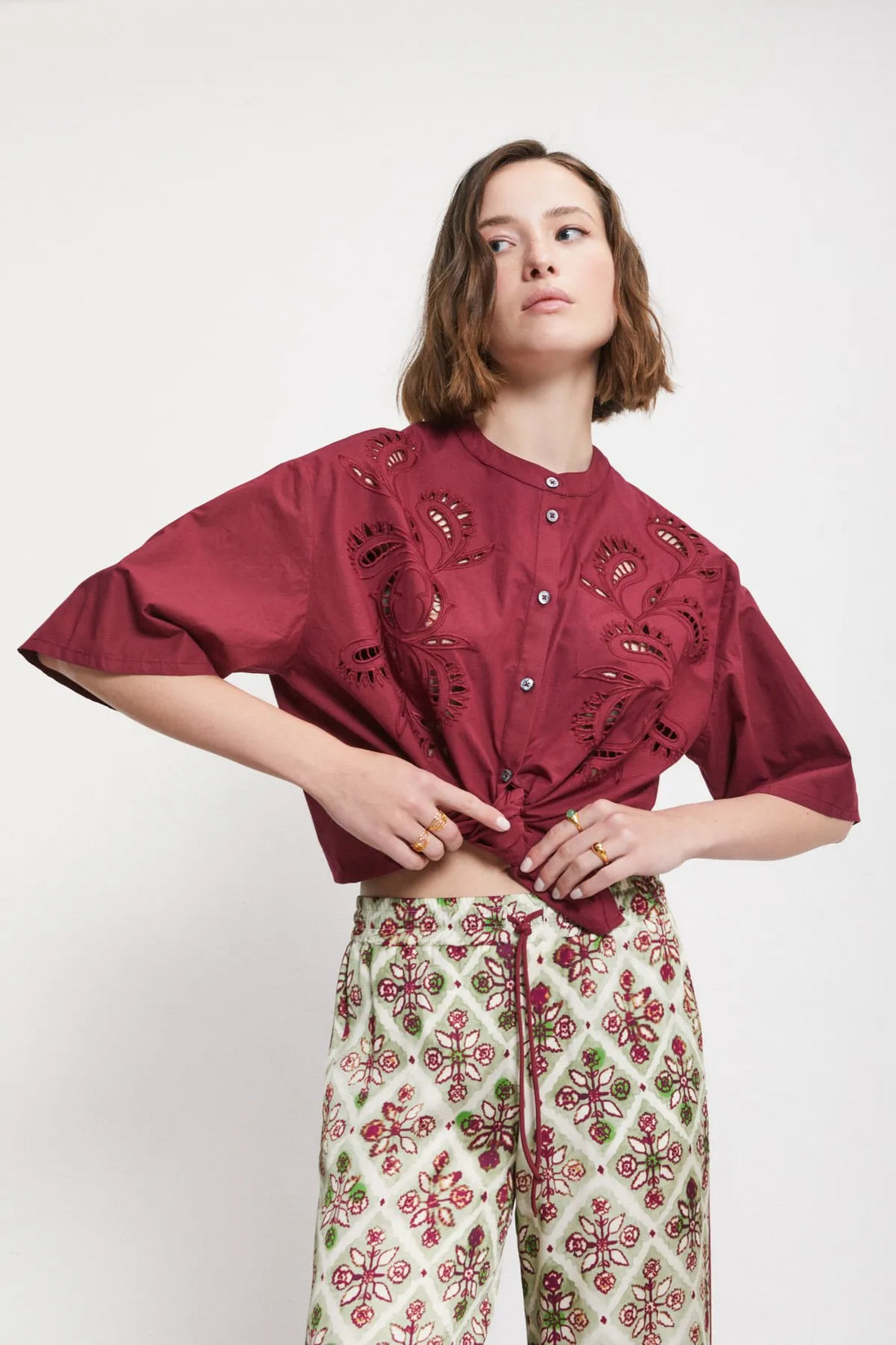 Cotton shirt with cutwork embroidery